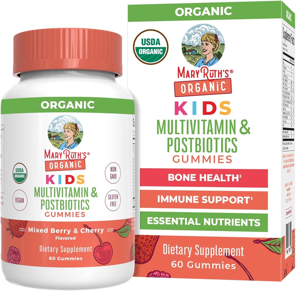 MaryRuth Organics Kids Vitamins | USDA Organic | Multivitamin Gummies + Postbiotics for Ages 4+ | Lactobacillus Rhamnosus | Vegan | Non-GMO | 60 Count