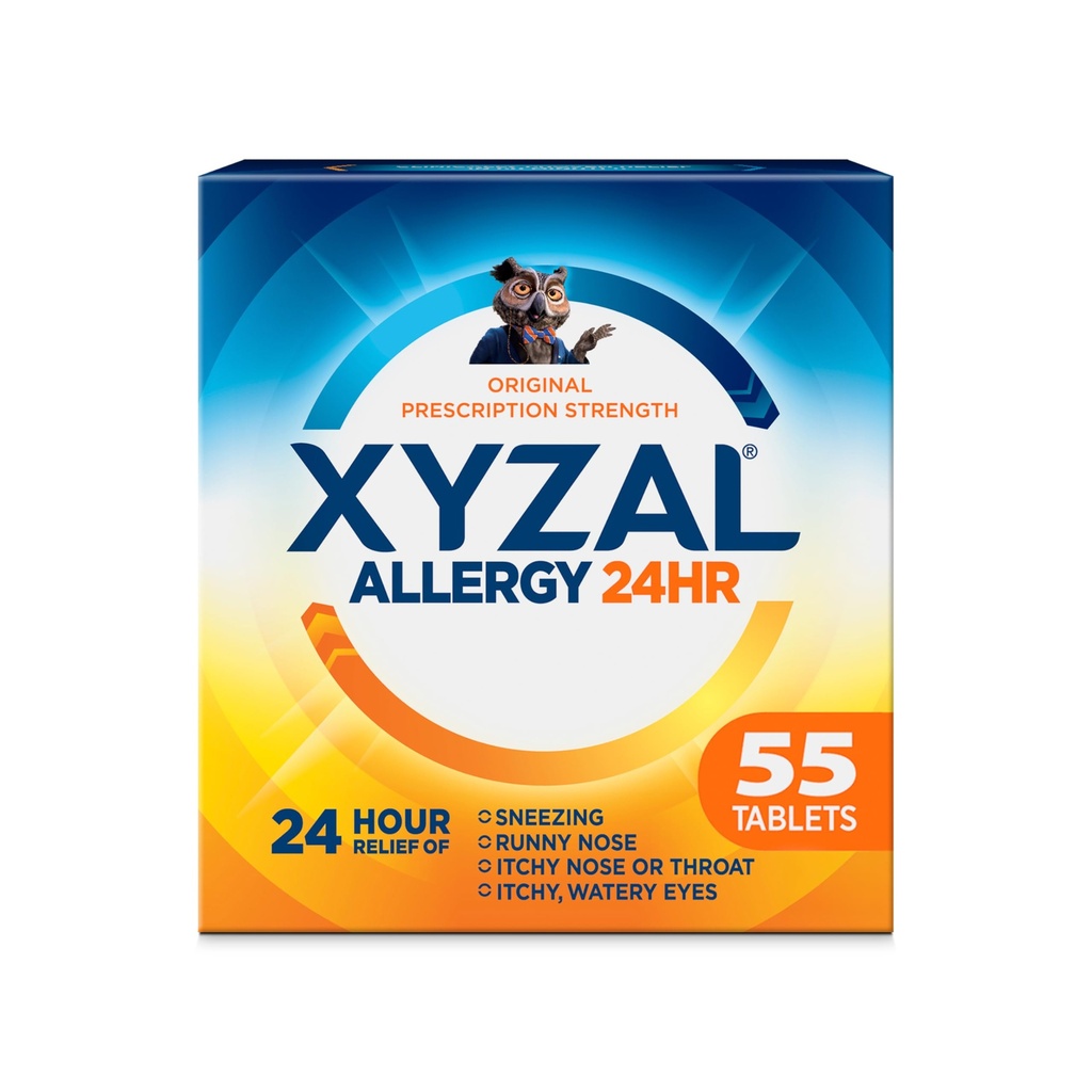 Xyzal 24 ώρες Αλλεργική θεραπεία ανακούφισης, Αρχική συνταγογραφούμενη δύναμη Αντιισταμινικό, Λεβοκεριζίνη Διϋδροχλωρική δισκία 5 mg, 55 κόμης