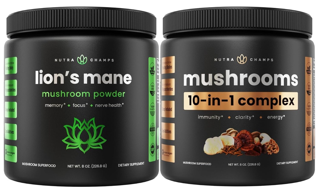 NutraChamps Lions Mane σε σκόνη & 10 σε 1 Mushroom σε σκόνη