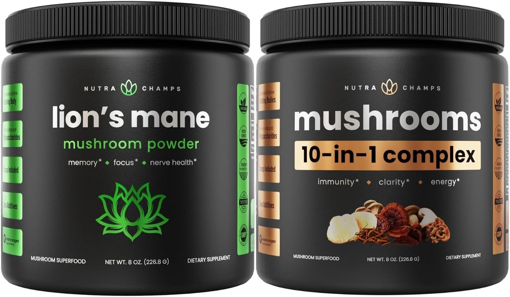 NutraChamps Lions Mane σε σκόνη & 10 σε 1 Mushroom σε σκόνη