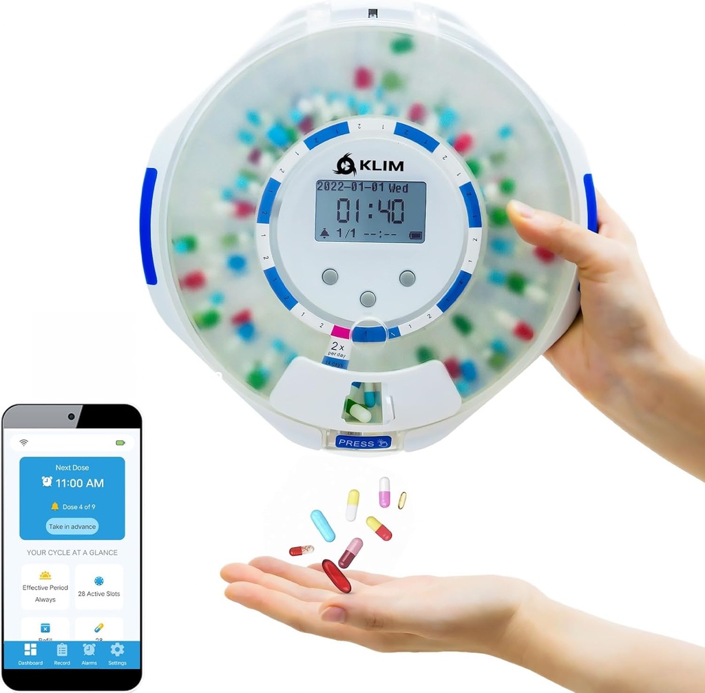 KLIM Smart Pill Dispenser με Συναγερμό - Wi-Fi Monitoring App - 28-Day Automatic Medicine Dispenser για Φροντίδα Ηλικιωμένων & Αλτσχάιμερ - Κλείδωμα Κλειδί - Νέα Έκδοση
