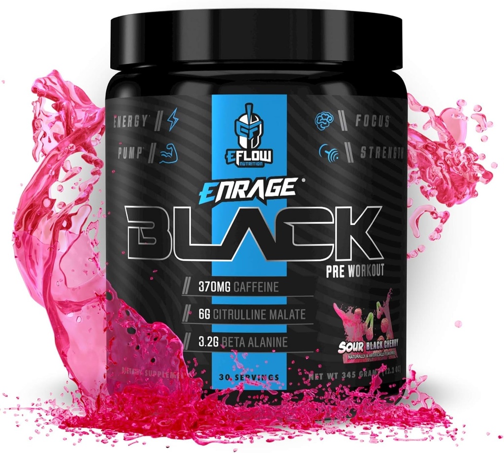 EFlow Nutrition Enrage Black High Simulant Pre Workout Supplement - Preworkout Powder to Boost Energy, Pumps and Strength - 4 Γεύσεις (30 Σερβιέτες) (Sour Black Cherry)