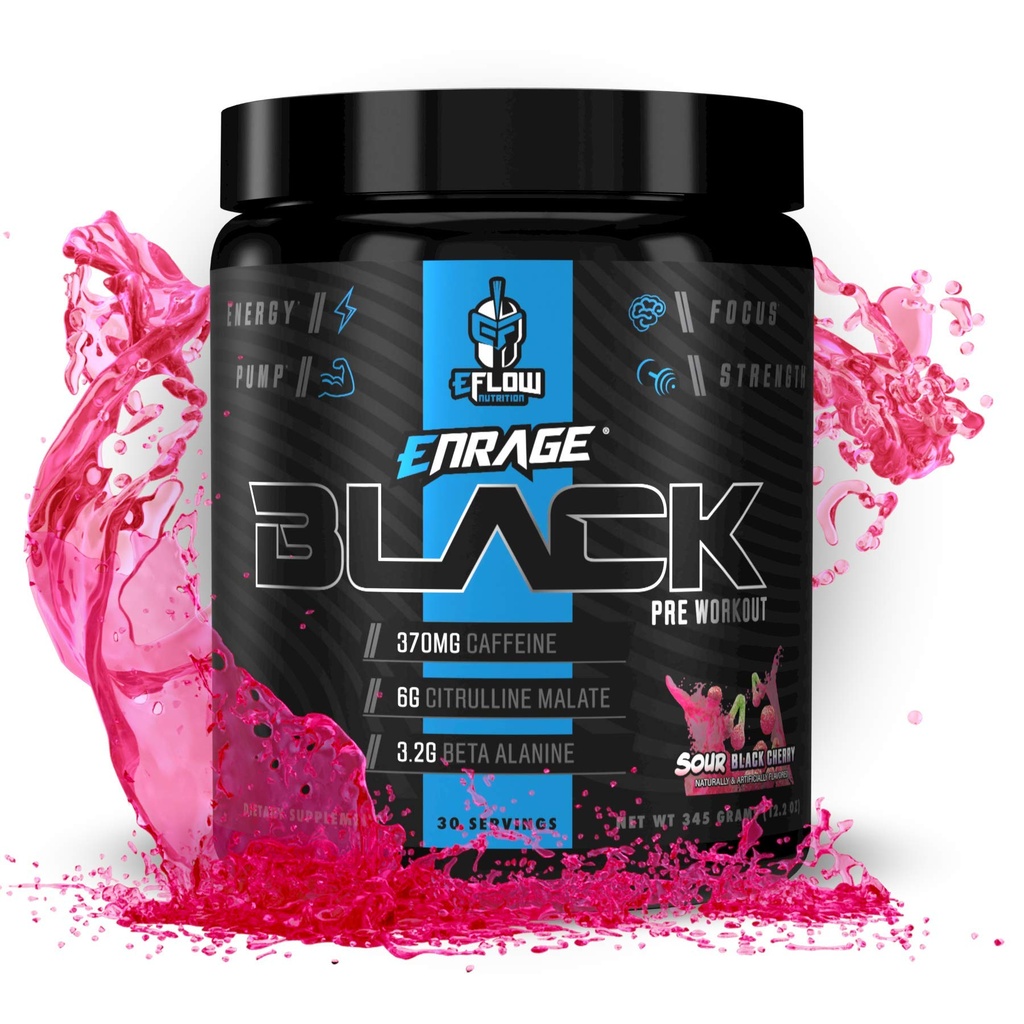 EFlow Nutrition Enrage Black High Simulant Pre Workout Supplement - Preworkout Powder to Boost Energy, Pumps and Strength - 4 Γεύσεις (30 Σερβιέτες) (Sour Black Cherry)