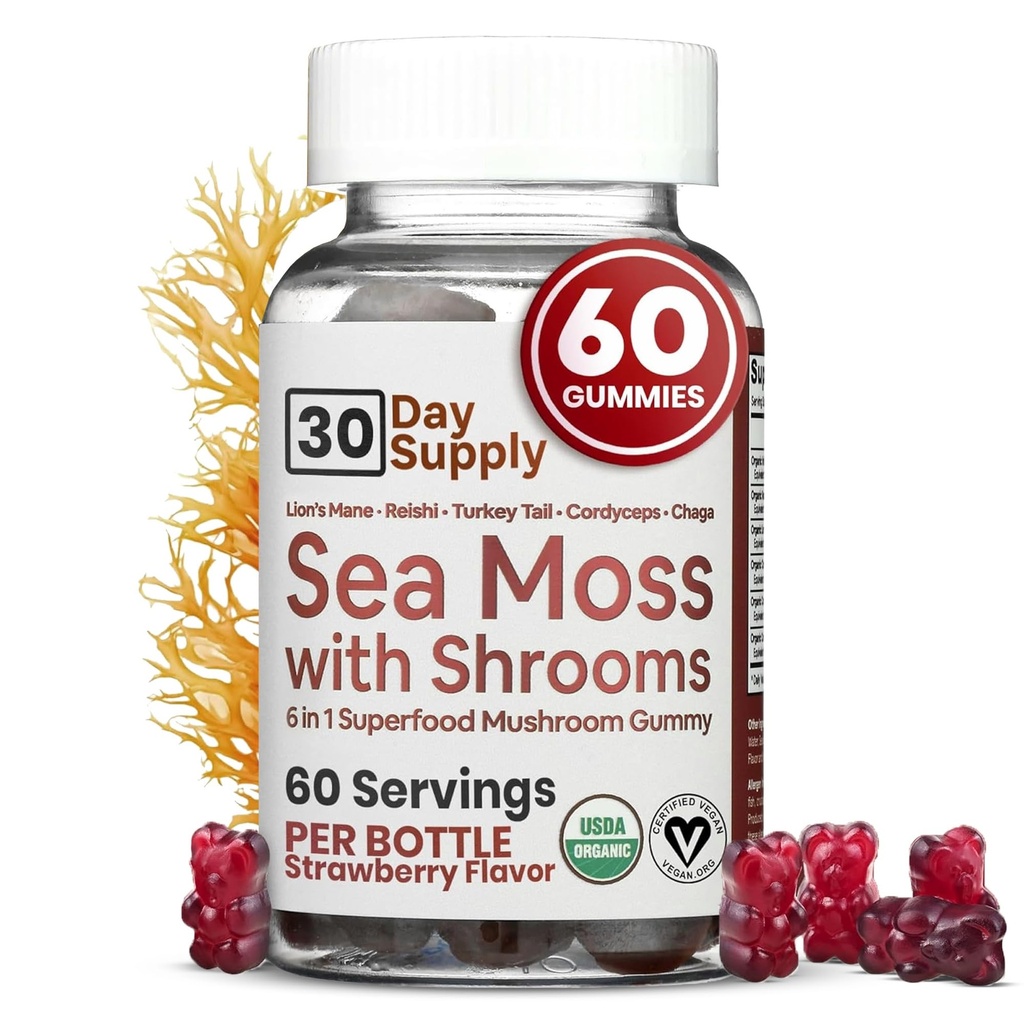 Sea Moss Gummies with Lions Mane Mushroom - Sea Moss Gel Εναλλακτική λύση με την ιρλανδική Moss, Reishi, Cordyceps, Chaga & Turkey Tail Supplement - Focus Gummy χωρίς καφέ- 60 ct
