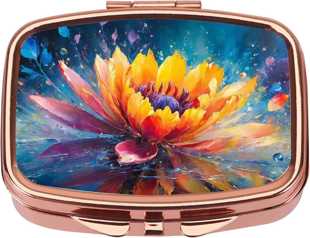 Dynippy Pill περίπτωση Χάπια κουτί με καθρέφτη Retro Pocket 2 Διαμέρισμα Ιατρική περίπτωση Vitamin Pill Organizer για Pocket Purse και Ταξίδια (Rose Gold - Πολύχρωμο Λουλούδι)