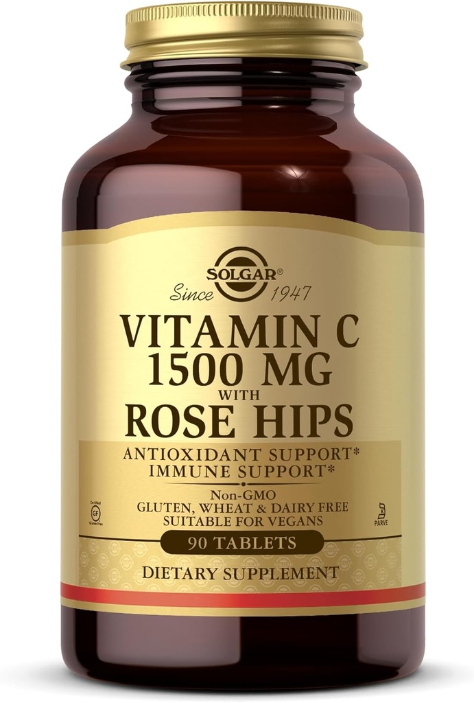 Solgar Vitamin C 1500 mg με Rose HIPS, 90 δισκία - Αντιοξειδωτική & Ανοσολογική Υποστήριξη - Συνολική Υγεία - Υποστηρίζει Υγιεινό Δέρμα & αρθρώσεις - Μη ΓΤΟ, Vegan, Χωρίς γλουτένη, Χωρίς γαλακτοκομικά, Kosher - 90 Σερβιέτες