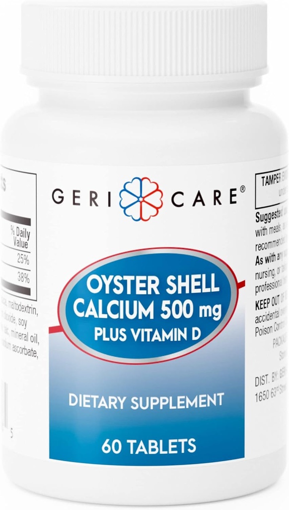 GeriCare Oyster Shell Calcium 500mg + Βιταμίνη D, Υγεία των οστών, Διατροφικό συμπλήρωμα Δισκία, 60 Count (Pack of 1)