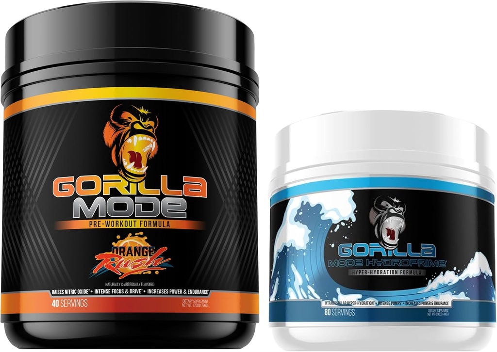 Gorilla Λειτουργία προ προπόνησης (Orange Rush) + HydroPrime Glycerol Προ προπόνηση - Πλήρης στοίβα για υπερ-Υδρώσεις, αντλία, δύναμη, αντοχή, και Θερμορύθμιση