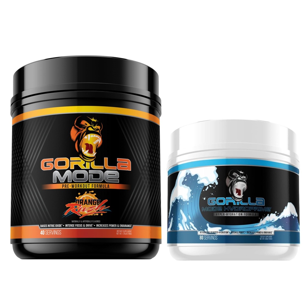 Gorilla Mode Pre Workout (Orange Rush) + HydroPrime Glycerol Pre Workout - Comprehensive Stack for Hyper-Hydration, Pump, Power, Endurance, and Thermoregulation