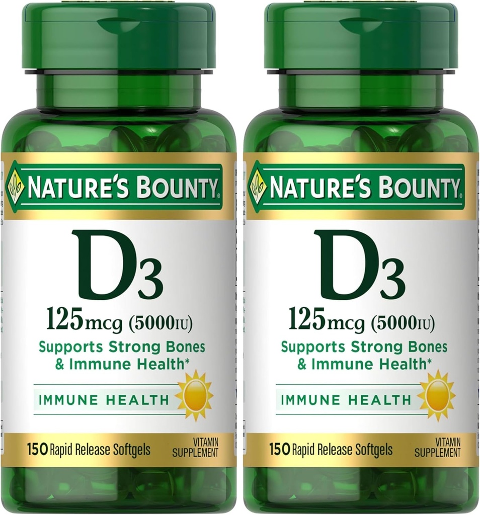 Nature's Bounty Vitamin D3, Immune and Bone support, 5000IU, Rapid Release Softgels, 150 Ct (Pack of 2)