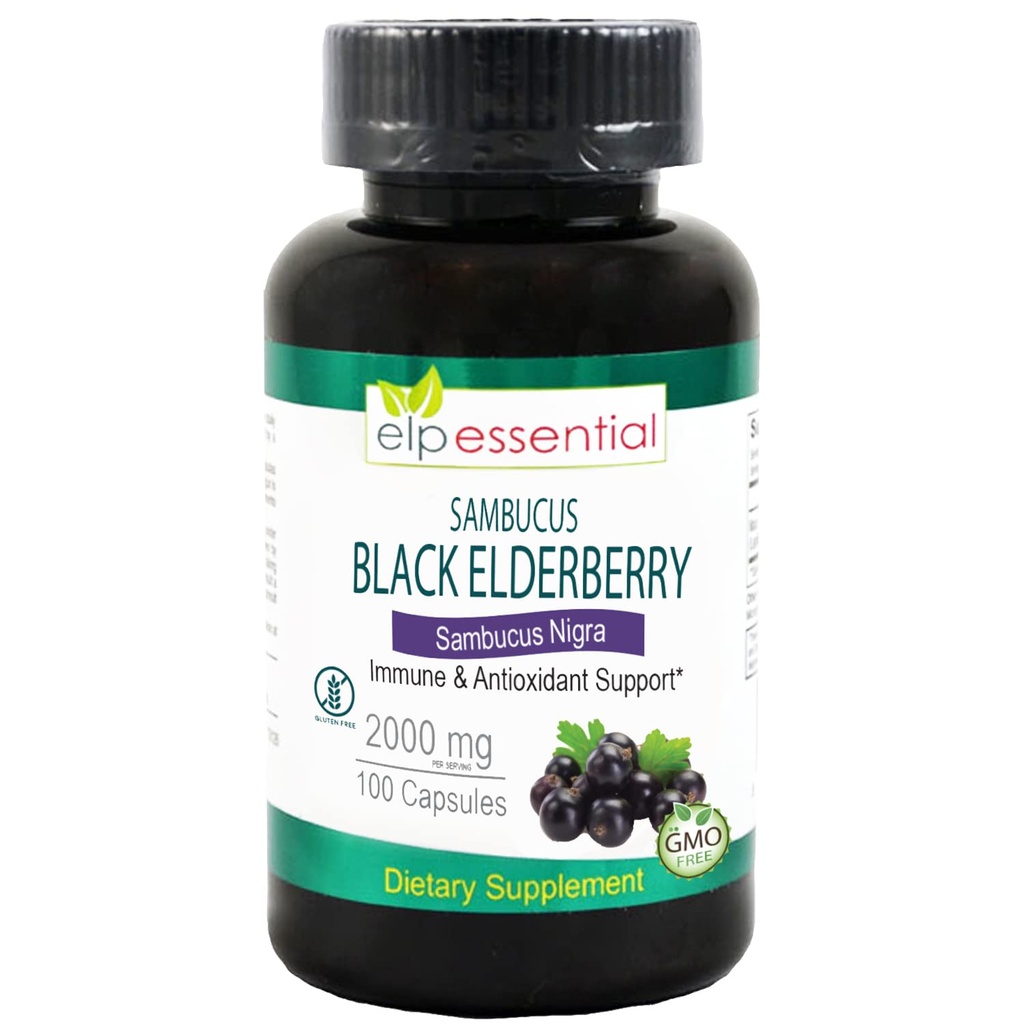 ELP ESSENTIAL Black Elderberry Capsules 2000mg | 100 Count | Super Concentrated Sambucus Extract,Antioxidant and Immune