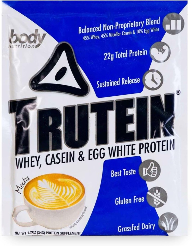 Διατροφή σώματος Trutein υψηλής πρωτεΐνης σκόνη: 45% Whey, 45% καζεΐνη, 10% Αυγό Λευκό, χωρίς γλουτένη, χαμηλό νάτριο, χόρτο Fed πρωτεΐνη Whey σκόνη, γυμναστήριο συμπλήρωμα & πρωινό shake, Μόκα, 34g δείγμα