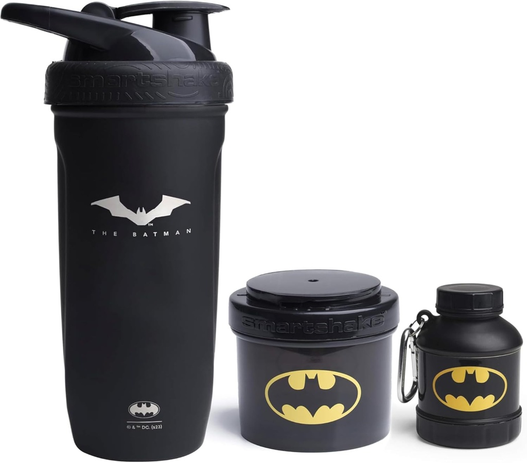 Smartshake DC Comics Bundle – Batman Stainless Steel Protein Shaker 900ml with Funnel 110ml and Storage Containers 200ml.