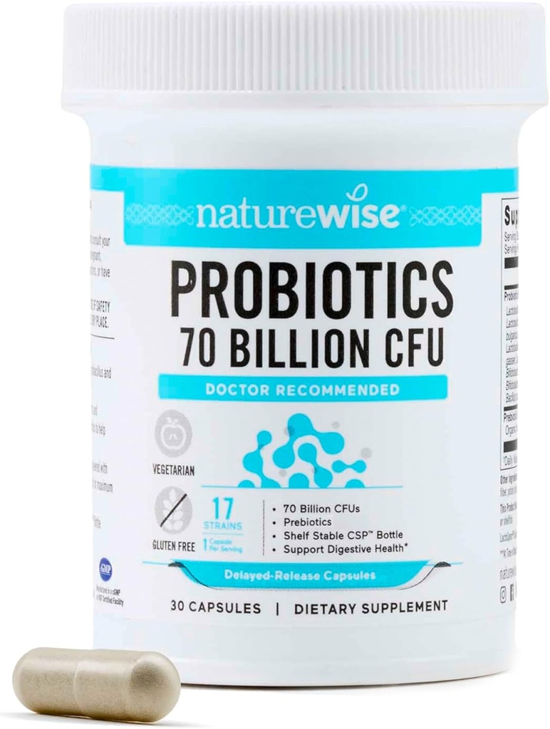 NatureWise Probiotics 70 Billion CFU - 17 Strains + Organic Prebiotics - Ανοσοποιητικό, Digestive & Gut Health Support for Women & Men - Χορτοφαγικά, Χωρίς γλουτένη, Μη ΓΤΟ - 30 Κάψουλες[1-Month Supply]