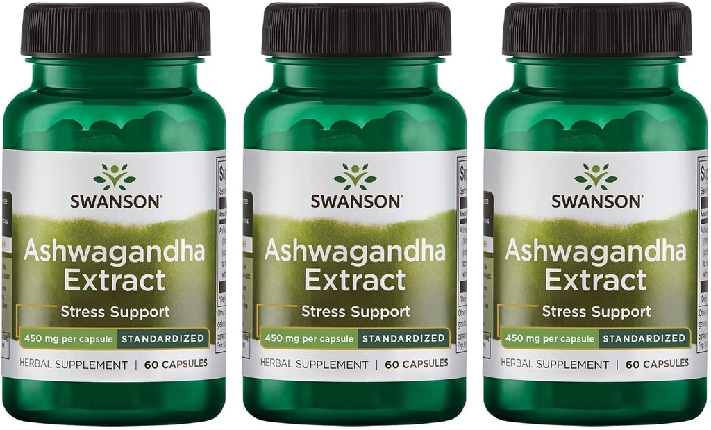 Swanson Ashwagandha Extract-Φυσικό συμπλήρωμα που προωθεί μια υγιή αντίδραση στρες, την ενεργειακή υποστήριξη και το νευρικό σύστημα Υγεία-Αγιουρβεντικό συμπλήρωμα για τη φυσική ευεξία-(60 κάψουλες, 450mg το καθένα) (3 Pack)