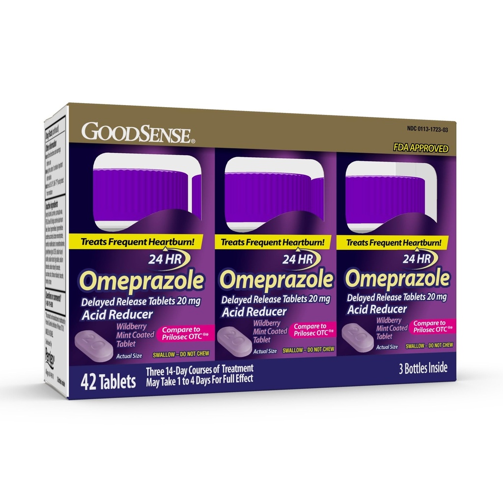 GoodSense Omeprazole, Συγκριτικά με Prilosec, Δισκία Καθυστερημένης αποδέσμευσης 20 mg, Acid Reducer, Δισκίο Επικαλυμμένο με Μέντα Wildberry, 42 Count