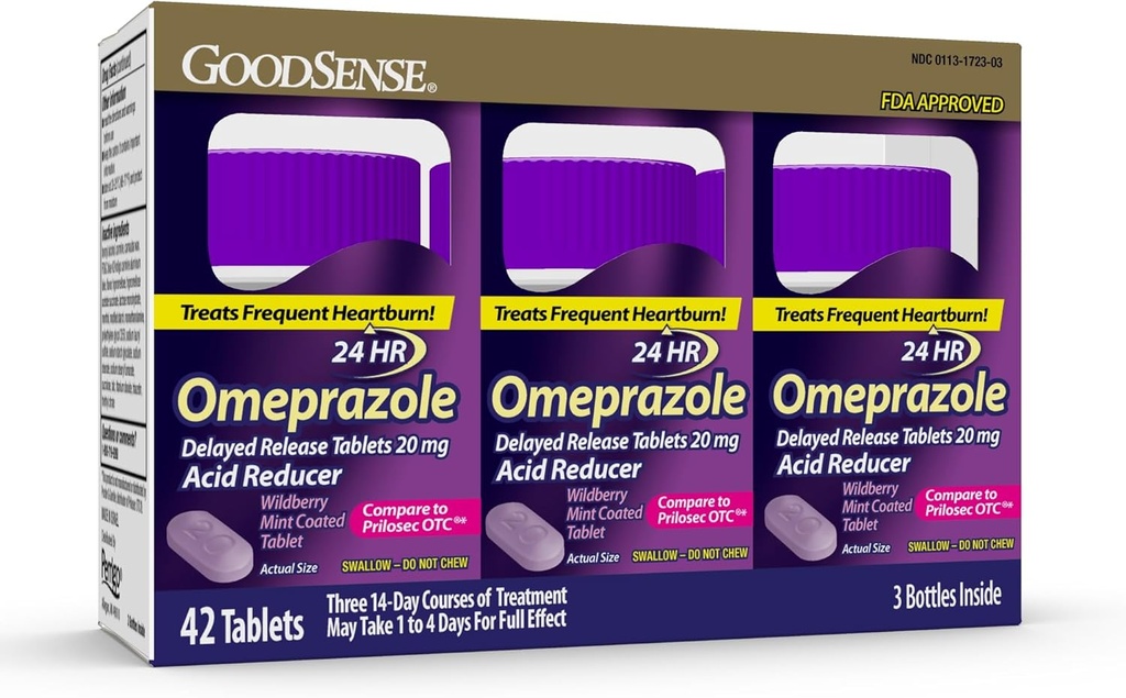 GoodSense Omeprazole, Συγκριτικά με Prilosec, Δισκία Καθυστερημένης αποδέσμευσης 20 mg, Acid Reducer, Δισκίο Επικαλυμμένο με Μέντα Wildberry, 42 Count