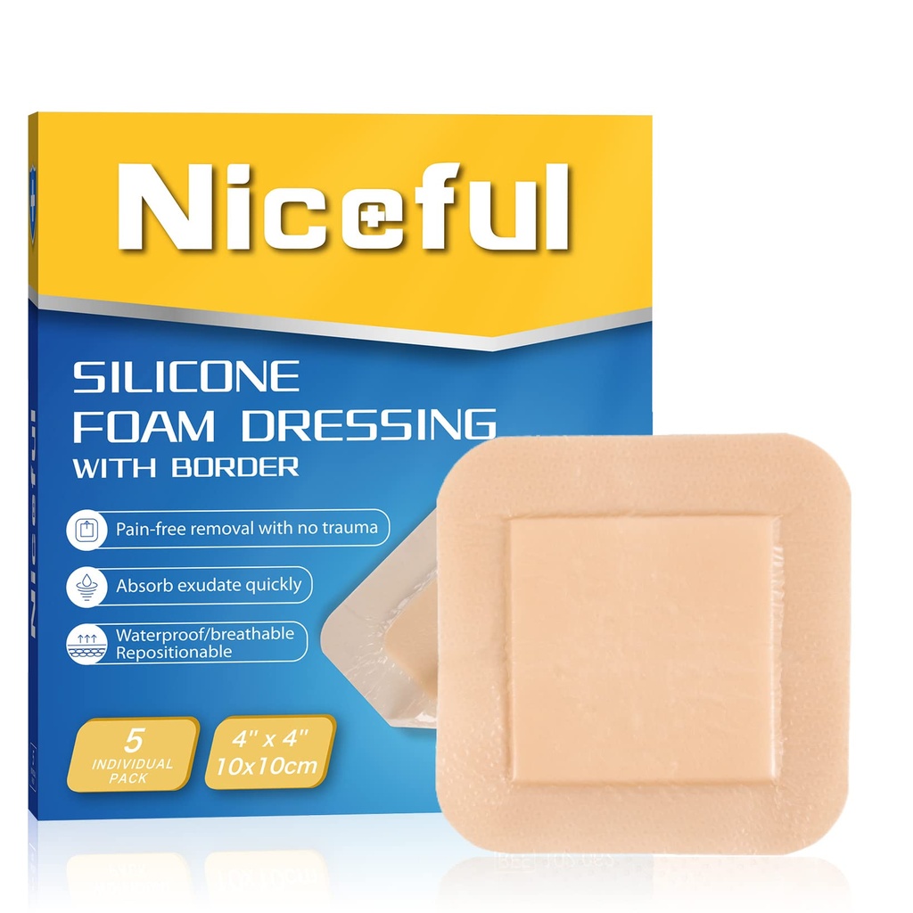 Σιλικόνη Αφρός Dressing 4"x4", Αδιάβροχη Silicone Banges with Border Adhesive, High Absorbency Bed Sore Bandages Wound Care Dressing (2.5"X2.5" Pad), 5 συσκευασίες, FSA HSA Επιλέξιμες