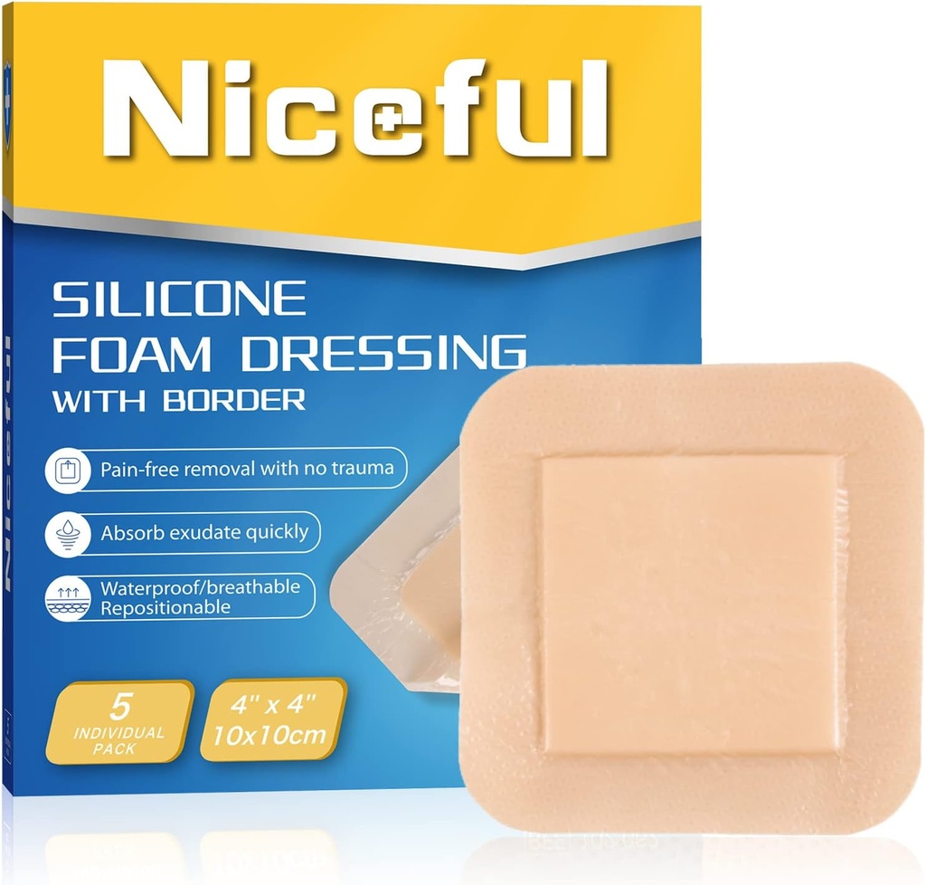 Σιλικόνη Αφρός Dressing 4"x4", Αδιάβροχη Silicone Banges with Border Adhesive, High Absorbency Bed Sore Bandages Wound Care Dressing (2.5"X2.5" Pad), 5 συσκευασίες, FSA HSA Επιλέξιμες