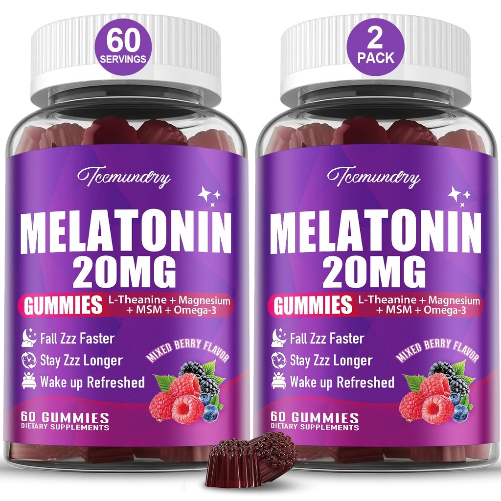 Μελατονίνη Gummies 20mg για ενήλικες - Μέγιστη δύναμη Μελατονίνη Gummies με L-Θεανίνη, Μαγνήσιο, Omega-3, MSM, D3 & Ψευδάργυρος - Μη-Σχηματίζοντας, Vegan, Μη GMO, Φυσικό Μεικτό άρωμα μούρου