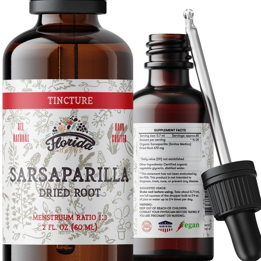 Αποξηραμένη ρίζα Sarsaparilla Tincture, Organic Sarsaparilla Extract (Smilax Medica) Αποξηραμένη ρίζα, μη ΓΤΟ σε εν ψυχρώ πιεσμένη βιολογική γλυκερίνη λαχανικών 2 oz, 670 mg