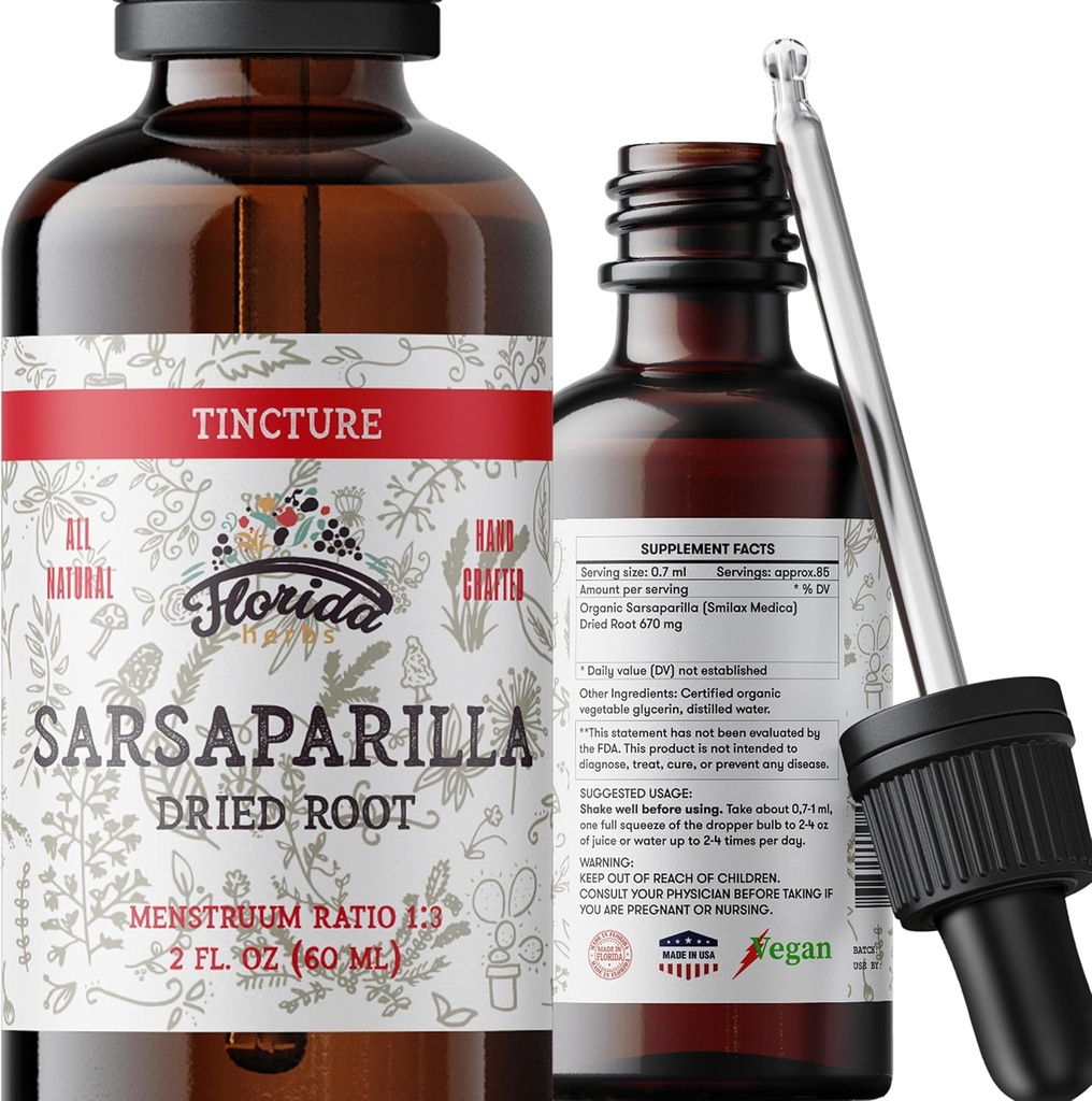 Αποξηραμένη ρίζα Sarsaparilla Tincture, Organic Sarsaparilla Extract (Smilax Medica) Αποξηραμένη ρίζα, μη ΓΤΟ σε εν ψυχρώ πιεσμένη βιολογική γλυκερίνη λαχανικών 2 oz, 670 mg