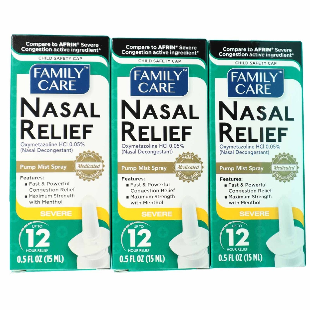 FamilyCare Ρινική ανακούφιση spray, αντλία Mist, Anti-drip, σοβαρή συμφόρηση, (Oxymetazoline HCI) 12 ώρες, 3 συσκευασία