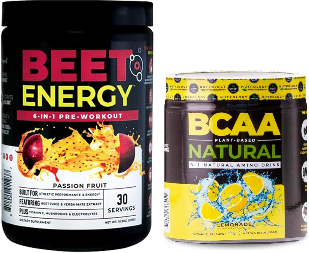 Nutrology Beet Natural O2, Pre Workout Powder, Passion Fruit Flavor (30 Servings) BCAA Natural, Plant Based BCAA Powder, Lemonade Flavor (30 Servings)