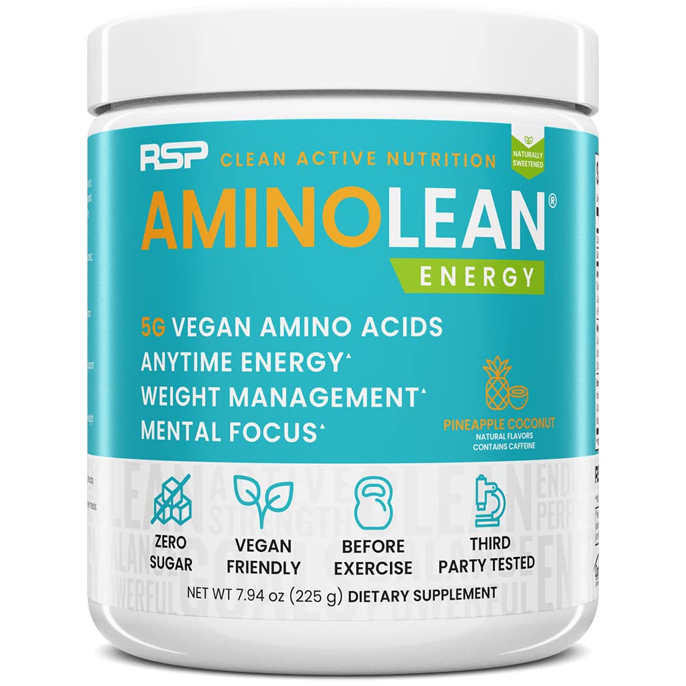RSP Vegan AminoLean – All-in-One Φυσική Προ προπόνηση, Amino Ενέργεια, Διαχείριση βάρους με BCAAs, Πλήρης Vegan Preworkout σκόνη, Ανανά καρύδα
