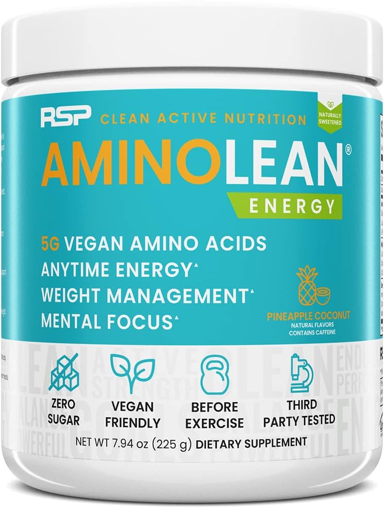 RSP Vegan AminoLean – All-in-One Φυσική Προ προπόνηση, Amino Ενέργεια, Διαχείριση βάρους με BCAAs, Πλήρης Vegan Preworkout σκόνη, Ανανά καρύδα