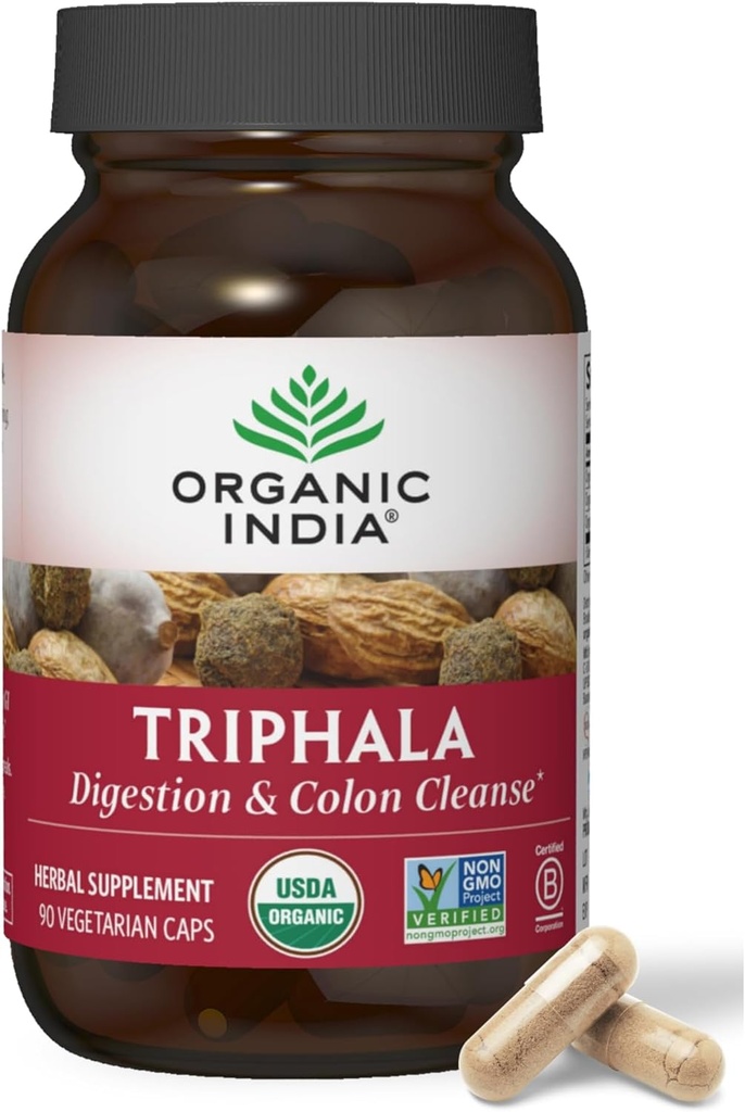 ORGANIC INDIA Triphala Κάψουλες Βιολογικό - φυτικό συμπλήρωμα με Amla, Bibhitaki, Χαριτάκη, Digestion & Colon Υποστήριξη, ανοσοποιητικό σύστημα Υποστήριξη, Adaptogen, Vegan, USDA Certified Organic - 90 Κάψουλες