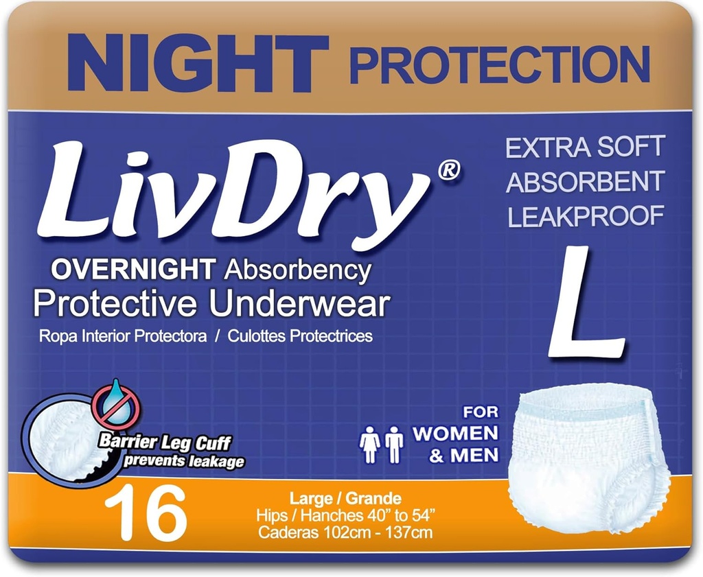 LivDry Adult Diapers Μεγάλη Ακράτεια Εσώρουχα, Διανυκτέρευση, Διαρροή Προστασία, 16-Pack