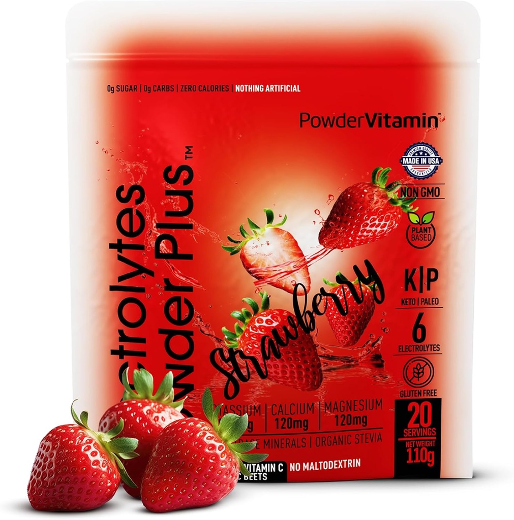 Σκόνη Vitamin Ηλεκτρολυτές σκόνη Plus (20 σερβίτσια) φράουλα Ηλεκτρολυτική σκόνη, χωρίς μαλτοδεξτρίνη, Κέτο, Χωρίς ζάχαρη, Αλάτι ροζ Ιμαλαΐων, 1000mg Κάλιο,120mg Ασβέστιο,120mg Μαγνήσιο, Σκόνη Υδμάτωσης