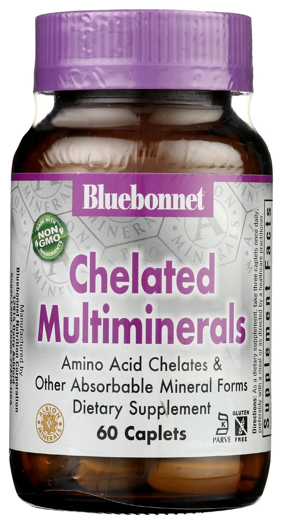 Bluebonnet Διατροφή υψηλής ισχύος Chelated Multiminerals, Albion Chelated Minerals, χωρίς σόγια, χωρίς γλουτένη, μη GMO, Kosher Certified, Γαλακτοκομικά, 60 Caplets, 20 Σερβιέτες