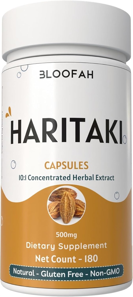 Haritaki Fruit Capsules 500mg | 10:1 Extract Natural Haritaki Powder (Terminalia chebula) | Non-GMO, Gluten-Free Herbal Supplement | Convenient Capsules for Wellness (180 Count (Pack of 1))