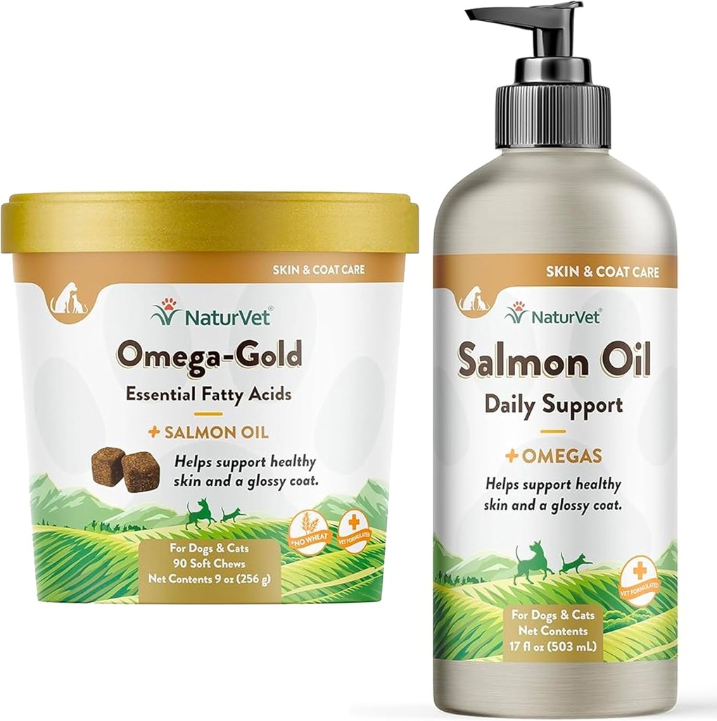NaturVet – Salmon Oil Skin & Coat Plus Omegas - 17 Oz Oil - NaturVet – Omega-Gold Plus Salmon Oil - 90 Soft Chews