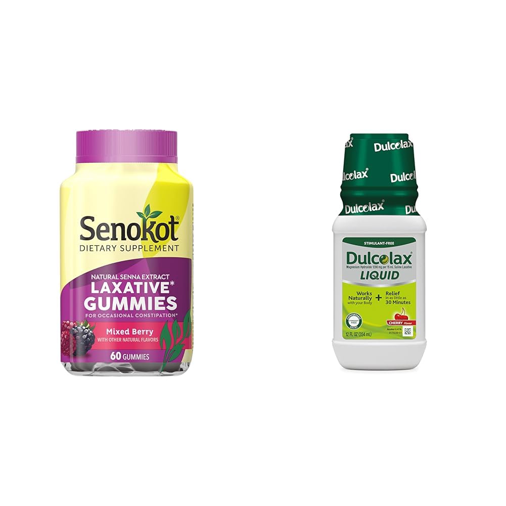 Senokot συμπλήρωμα διατροφής Laxative Gummies, φυσικό εκχύλισμα Senna, Gentle & Dulcolax Liquid Laxative, Simulant Free Laxative for Comfortable Relief, Cherry Flavor, 12 oz.