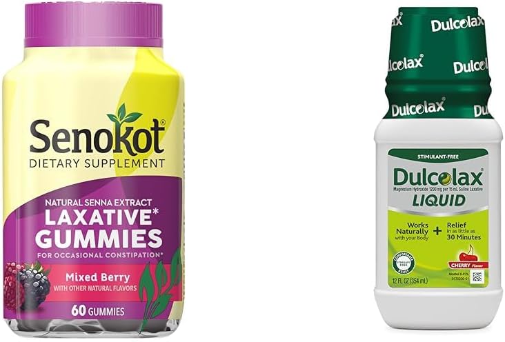 Senokot Dietary Supplement Laxative Gummies, Natural Senna Extract, Gentle & Dulcolax Liquid Laxative, Stimulant Free Laxative for Comfortable Relief, Cherry Flavor, 12 oz.