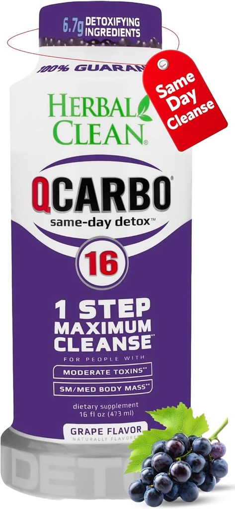 Herbal Clean Qcarbo16 Same-Day Detox Cleanse Drink (16 fl oz) - Grape Flavor Full Body Cleanse* Detox Drink for Moderate Toxin Level*, Vitamin B2 and Vitamin B12 for Men & Women