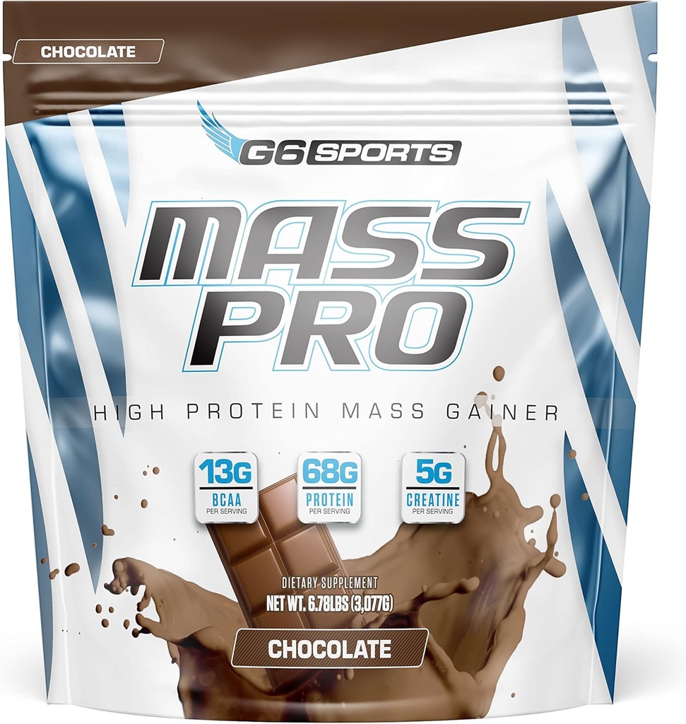 G6 Sports Nutrition Mass Pro High Protein Mass Gainer (64g Protein, Avocado Powder, Coconut Oil Powder, MCT Oil Powder) – 7lb Bag – Chocolate