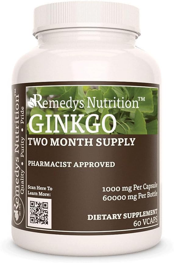 Remedy's nutrition Ginkgo Biloba | 1,000 mg, 60 Vegan Capsules Herbal Dietary Supplement | Two Month Supply