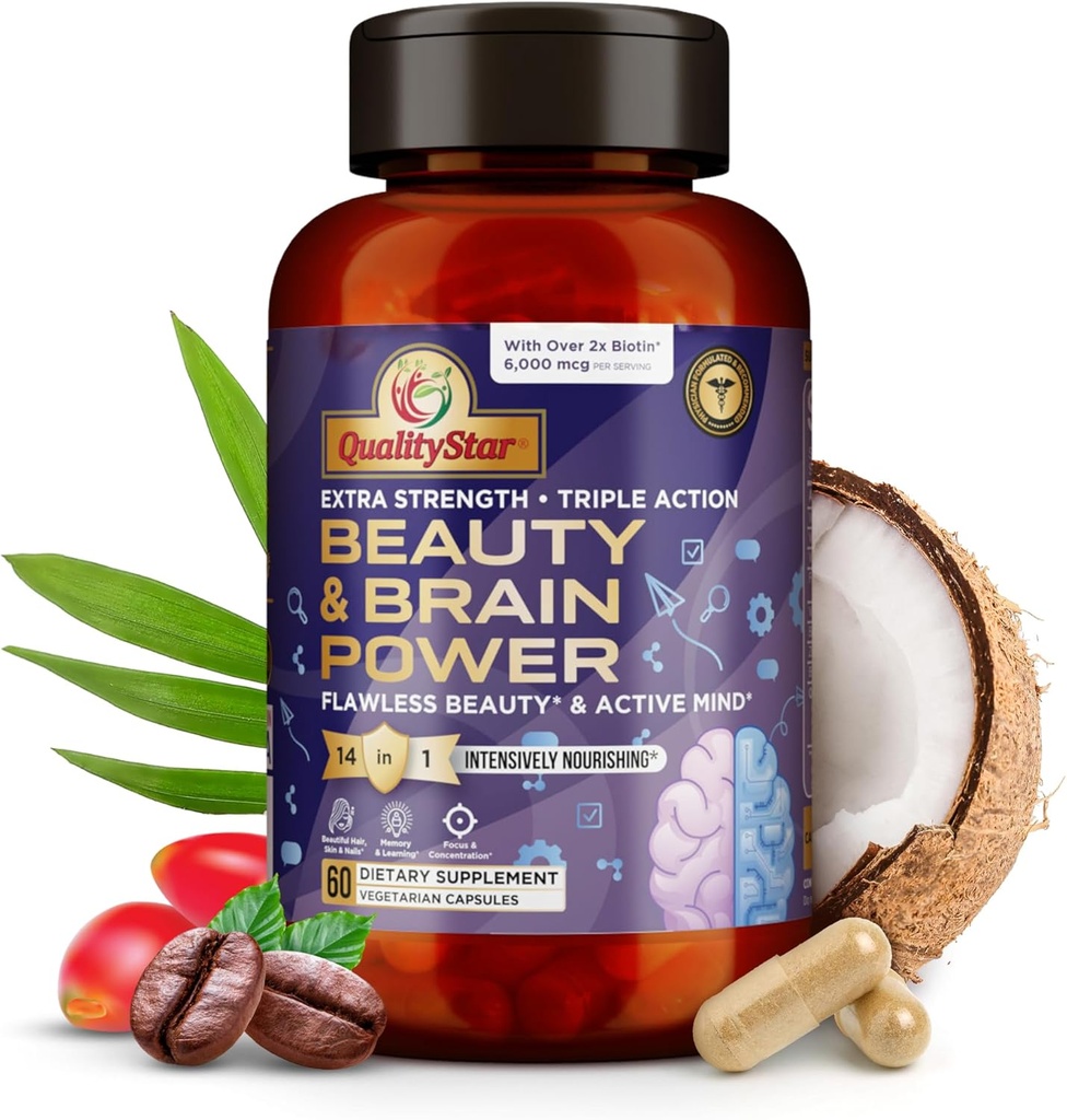 Beauty & Brain Power, Extra Strength + Triple Action Brain Supplement, Skin Vitamins for Flawless Beauty, Beauty & Brain Health Supplements for Adults, 60 Vegetarian Caps