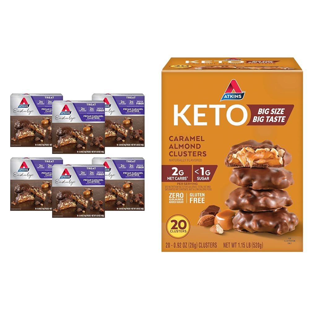 Atkins Pecan Caramel & Caramel Almond Clusters, 60 & 20 Count, High Fiber, Low Sugar, Low Carb