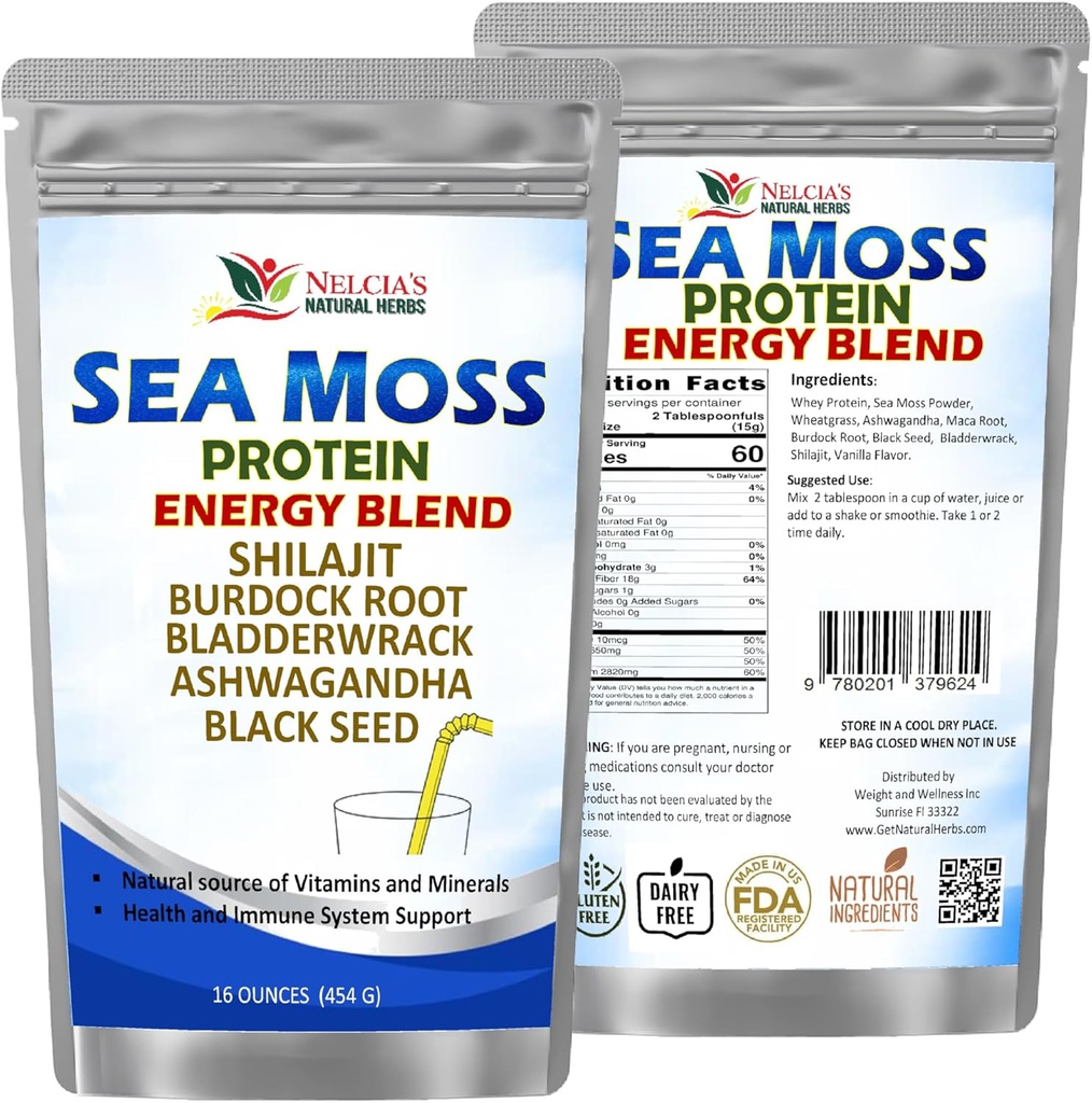 NELCIA'S NATURAL HERBS Sea Moss Ashwagandha Protein Powder - Φυσική Ιρλανδική Θάλασσα Moss, Bladderwrack και Burdock Root, Μαύρος Σπόρος και Shilajit σκόνη (16oz)