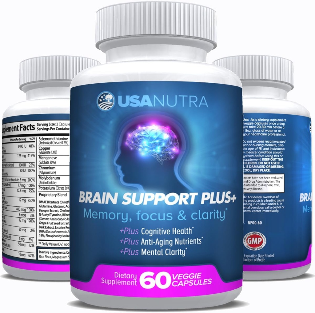 Brain Support Plus Brain Supplement για Μνήμη και Εστίαση, Nootropics για Συγκέντρωση και Διανοητική Καθαρότητα, Brain Vitamins B1, B6, B12, Phosphatidylserine, 1000mg, 60 Κάψουλες, Κατασκευασμένες στις ΗΠΑ.