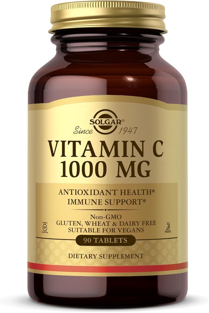 Solgar Vitamin C 1000 mg, 90 Tablets - Αντιοξειδωτική & Ανοσοποιητική Υποστήριξη, Συνολική Υγεία, Υγιεινό Δέρμα & αρθρώσεις - Συμπλήρωμα Βιοφλαβονοειδών - Μη ΓΤΟ, Vegan, Χωρίς Γλουτένη, Kosher - 90 Servings