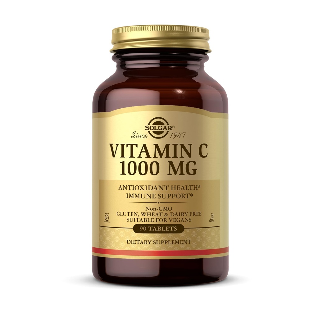 Solgar Vitamin C 1000 mg, 90 Tablets - Αντιοξειδωτική & Ανοσοποιητική Υποστήριξη, Συνολική Υγεία, Υγιεινό Δέρμα & αρθρώσεις - Συμπλήρωμα Βιοφλαβονοειδών - Μη ΓΤΟ, Vegan, Χωρίς Γλουτένη, Kosher - 90 Servings
