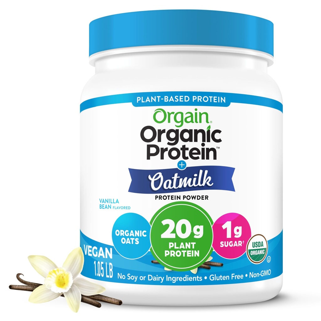 Orgain Organic Vegan Protein Powder + Γάλα Βρώμης, Vanilla Bean - 20g Φυτική πρωτεΐνη, χωρίς γλουτένη, χωρίς γαλακτοκομικά, σόγια ή Λακτόζη συστατικά, χαμηλή ζάχαρη, μη-GMO, Kosher, Για Shakes & Smoothies - 1.05lb
