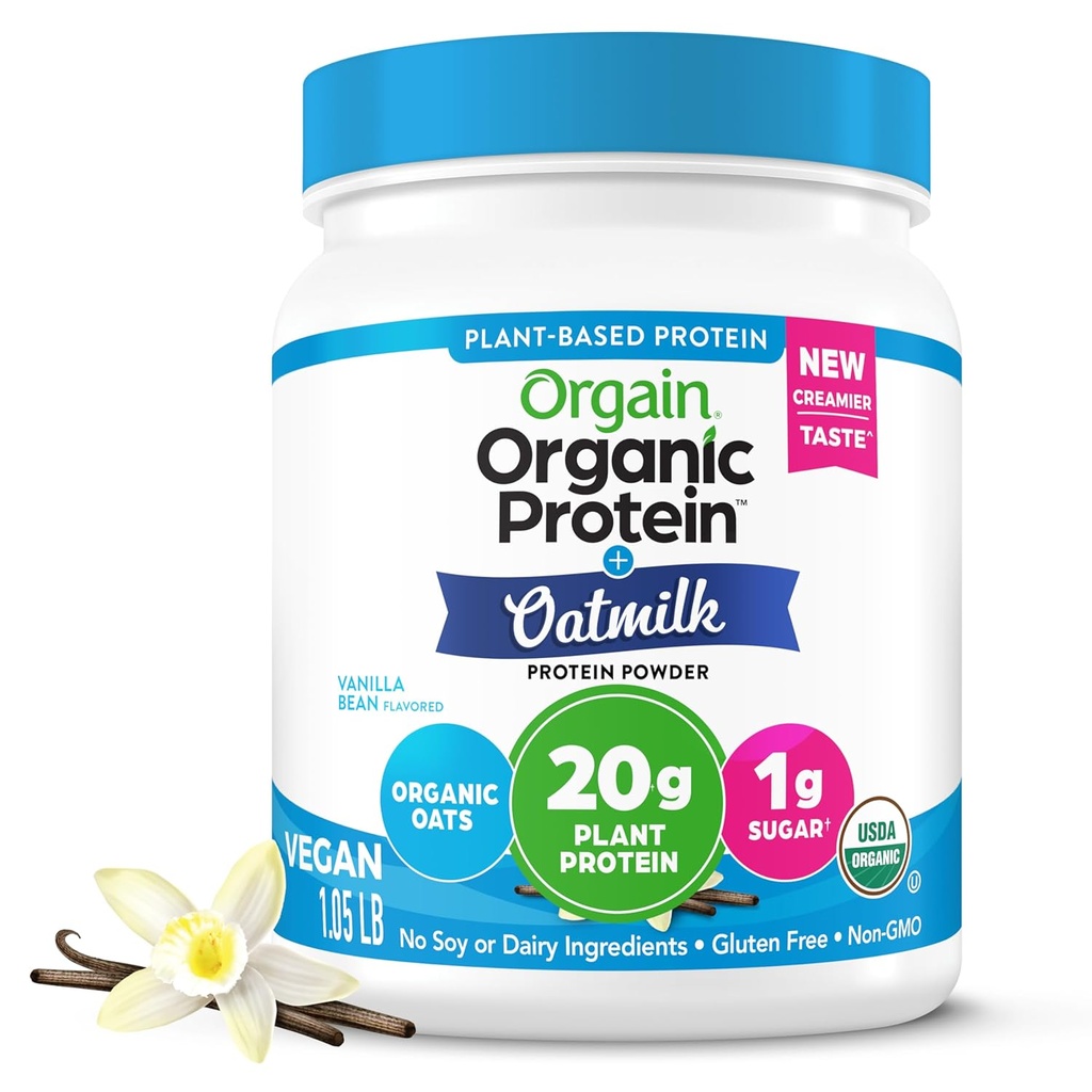 Orgain Organic Vegan Protein Powder + Γάλα Βρώμης, Vanilla Bean - 20g Φυτική πρωτεΐνη, χωρίς γλουτένη, χωρίς γαλακτοκομικά, σόγια ή Λακτόζη συστατικά, χαμηλή ζάχαρη, μη-GMO, Kosher, Για Shakes & Smoothies - 1.05lb