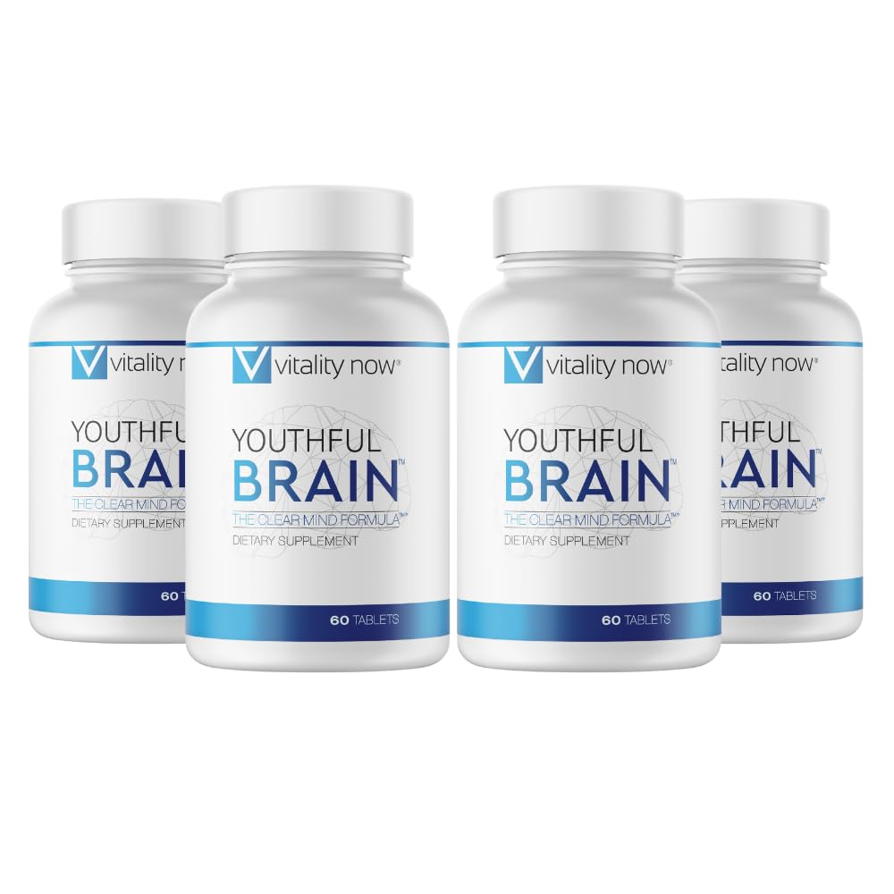 Youthful Brain 4 Bottle Bundle - Memory & Brain Health Supplement - Brain Booster Καθαρότητα με Bacopa Monnieri, Ginkgo Biloba, B12-120-Day Supply (240 Count)